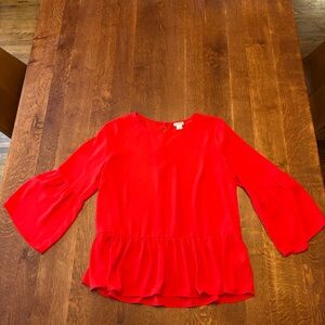 Jcrew red flowy bell sleeve flounce top